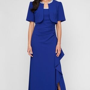 alexevenings.com Long Stretch Crepe Bolero Jacket Dress with Embellished Square